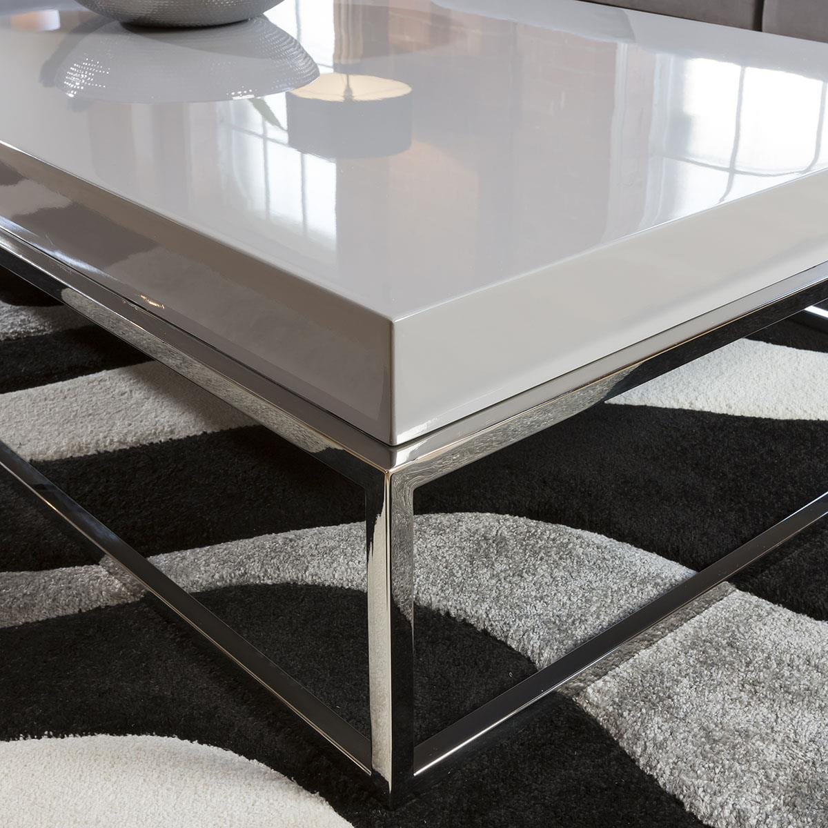 Quatropi Stainless Steel Framed 1500 x 800 Coffee Table Grey Gloss Wood Top