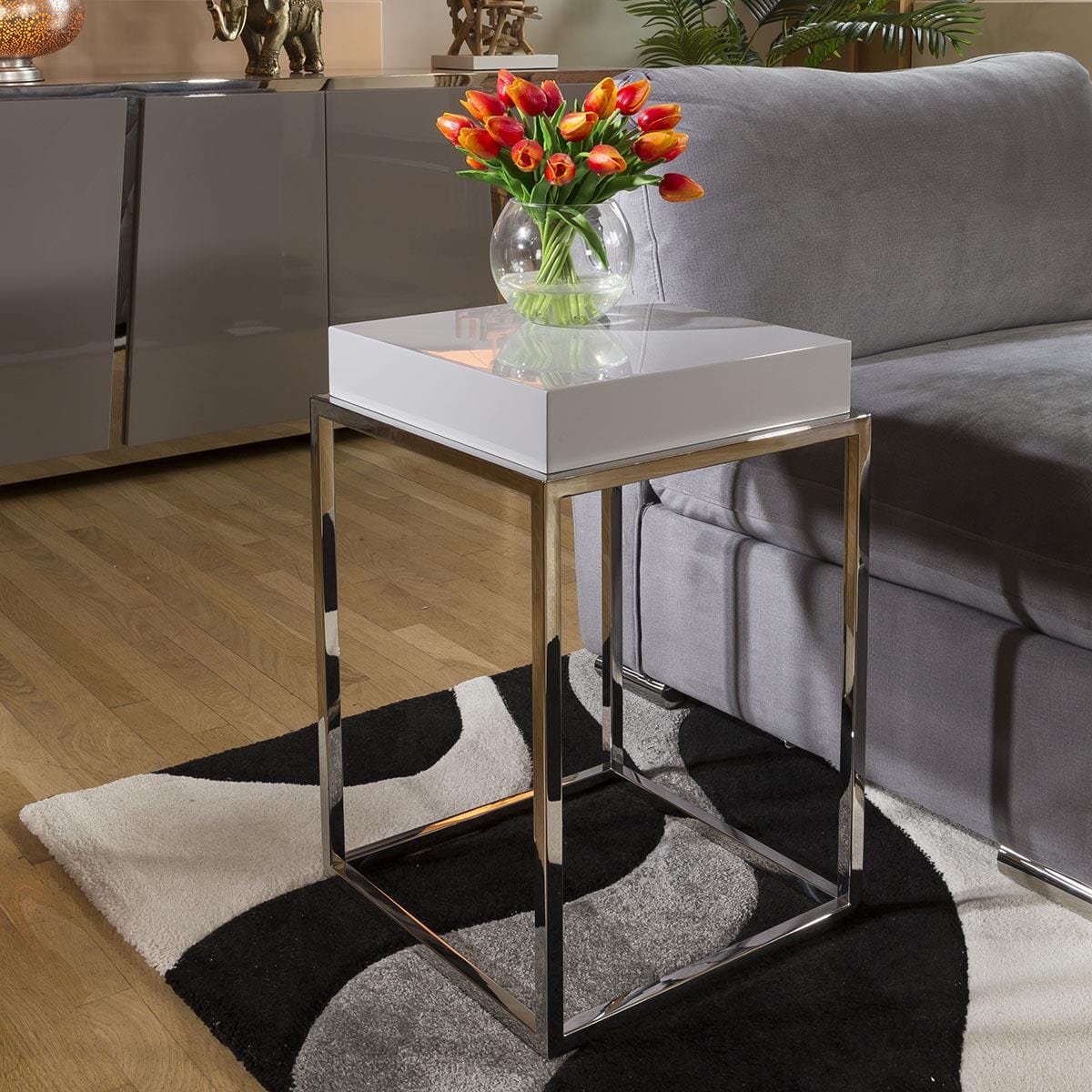 Quatropi Stainless Steel Framed 410mm Wide End Table Grey Gloss Wood Top