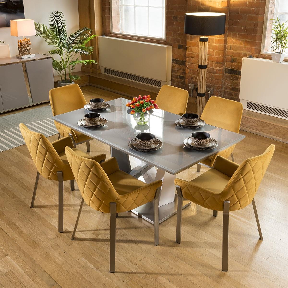 Quatropi Stunning 6 Seater Dining Set Grey / Glass Table With 6 Mustard Chairs