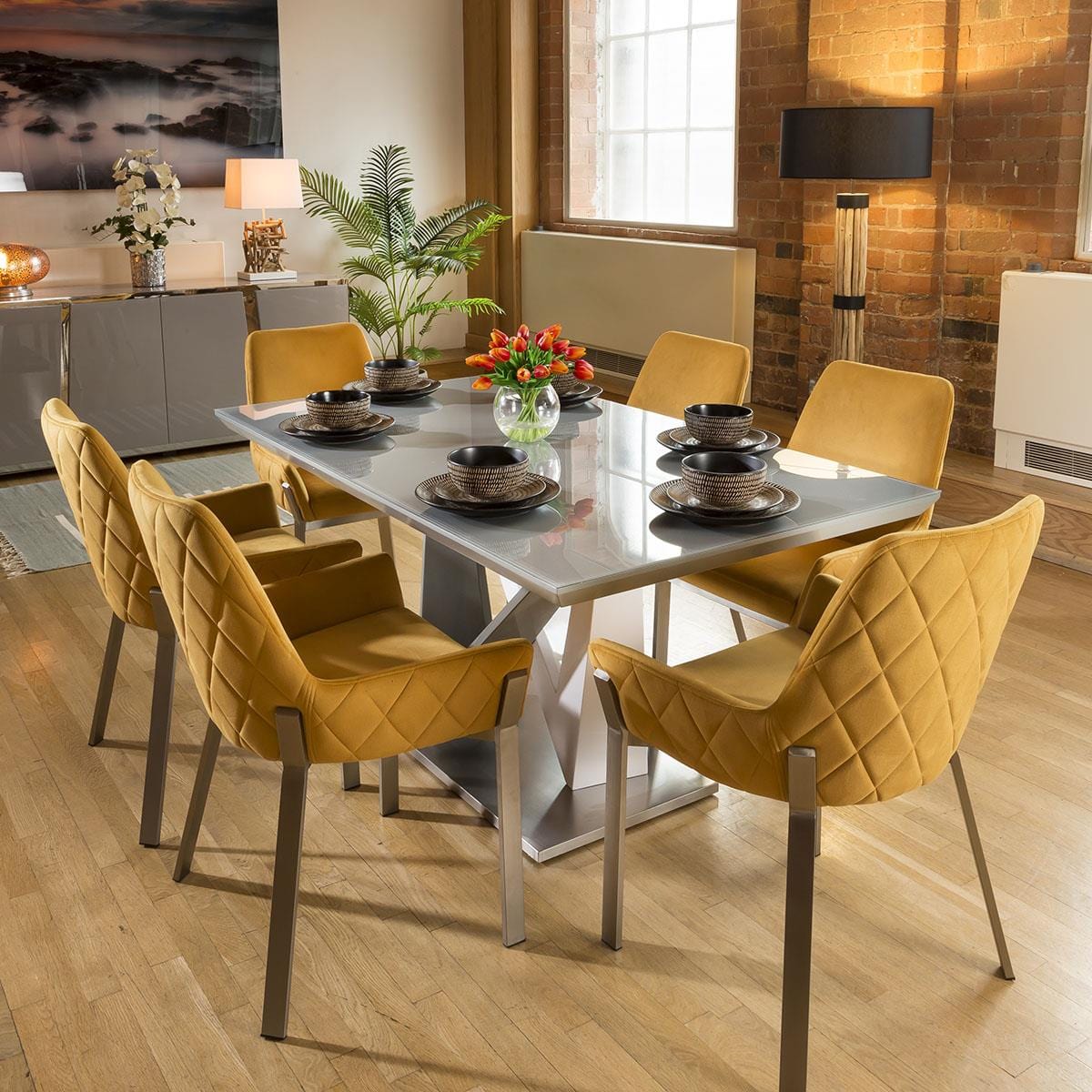 Quatropi Stunning 6 Seater Dining Set Grey / Glass Table With 6 Mustard Chairs