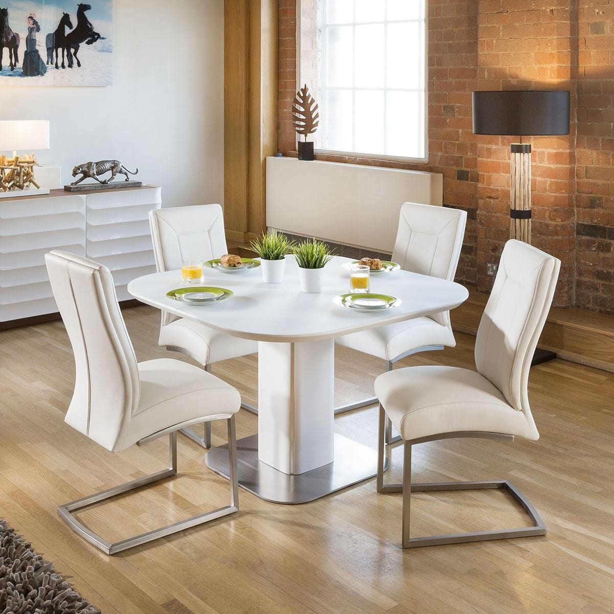 Quatropi Stunning Dining Set White Glass Square Extending Table +4 Chairs 4110