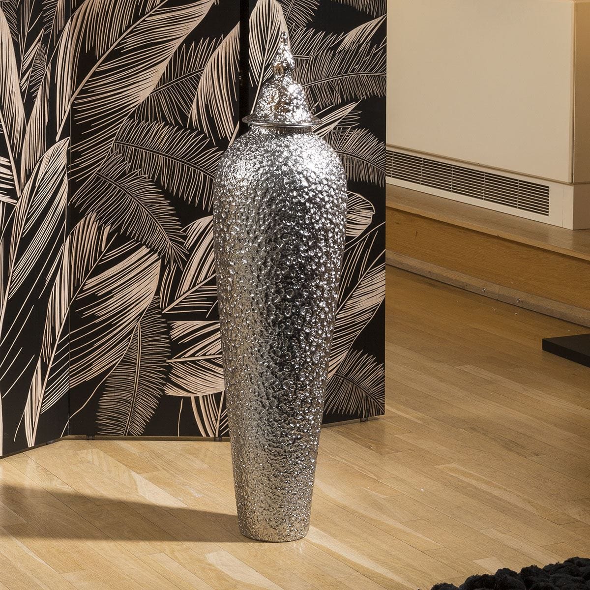 Quatropi Stunning Tall Silver Middle Eastern Style Porcelain Vase & Lid 1mtr High