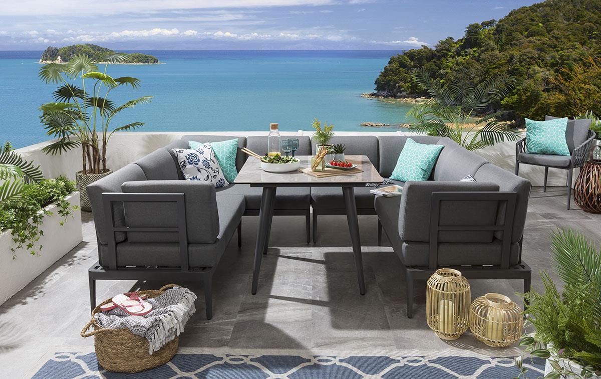 Quatropi Stylish 6 Seater Garden Table And Sofa Dining Set | Grey Aluminium & Ceramic
