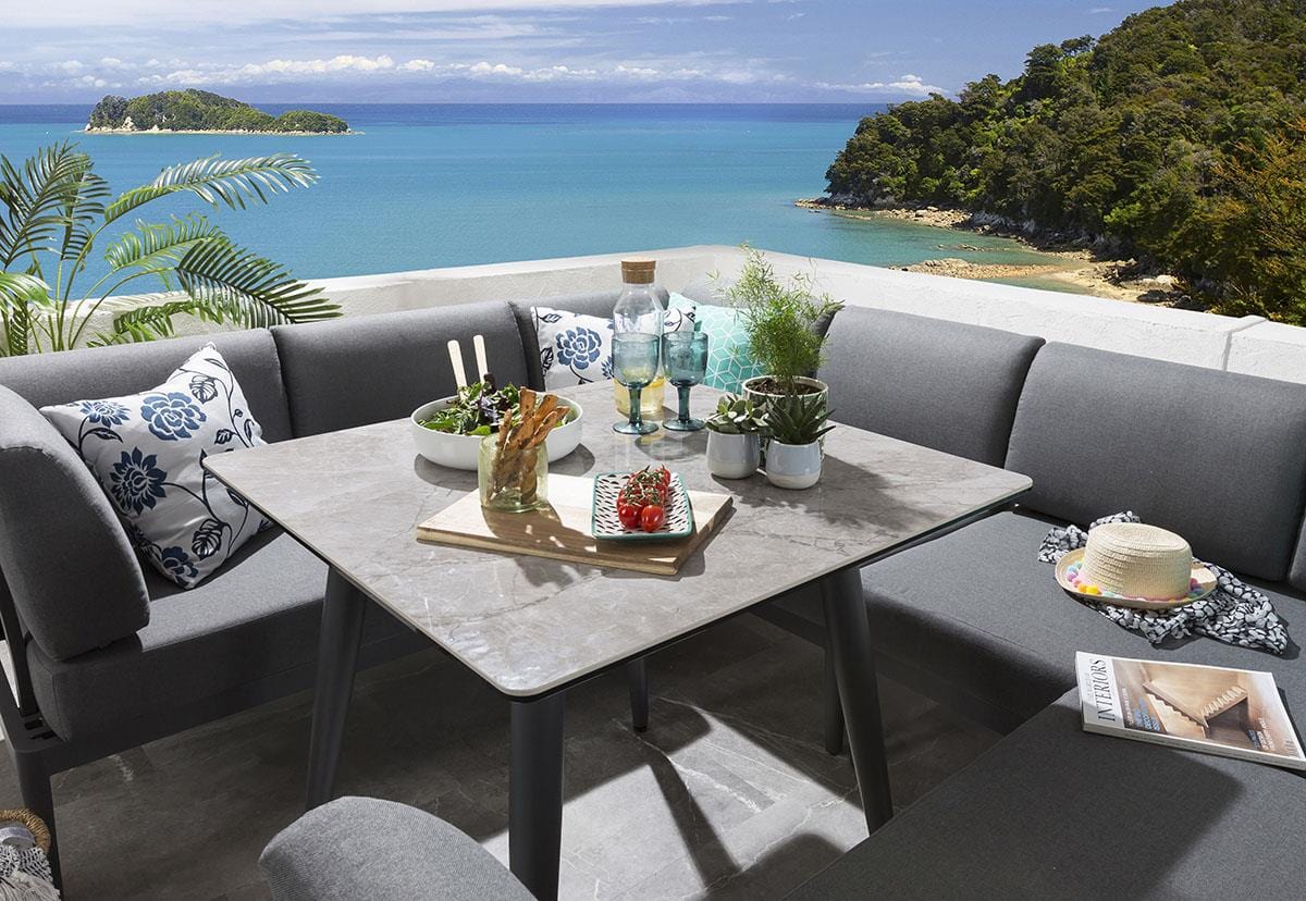 Quatropi Stylish 6 Seater Garden Table And Sofa Dining Set | Grey Aluminium & Ceramic