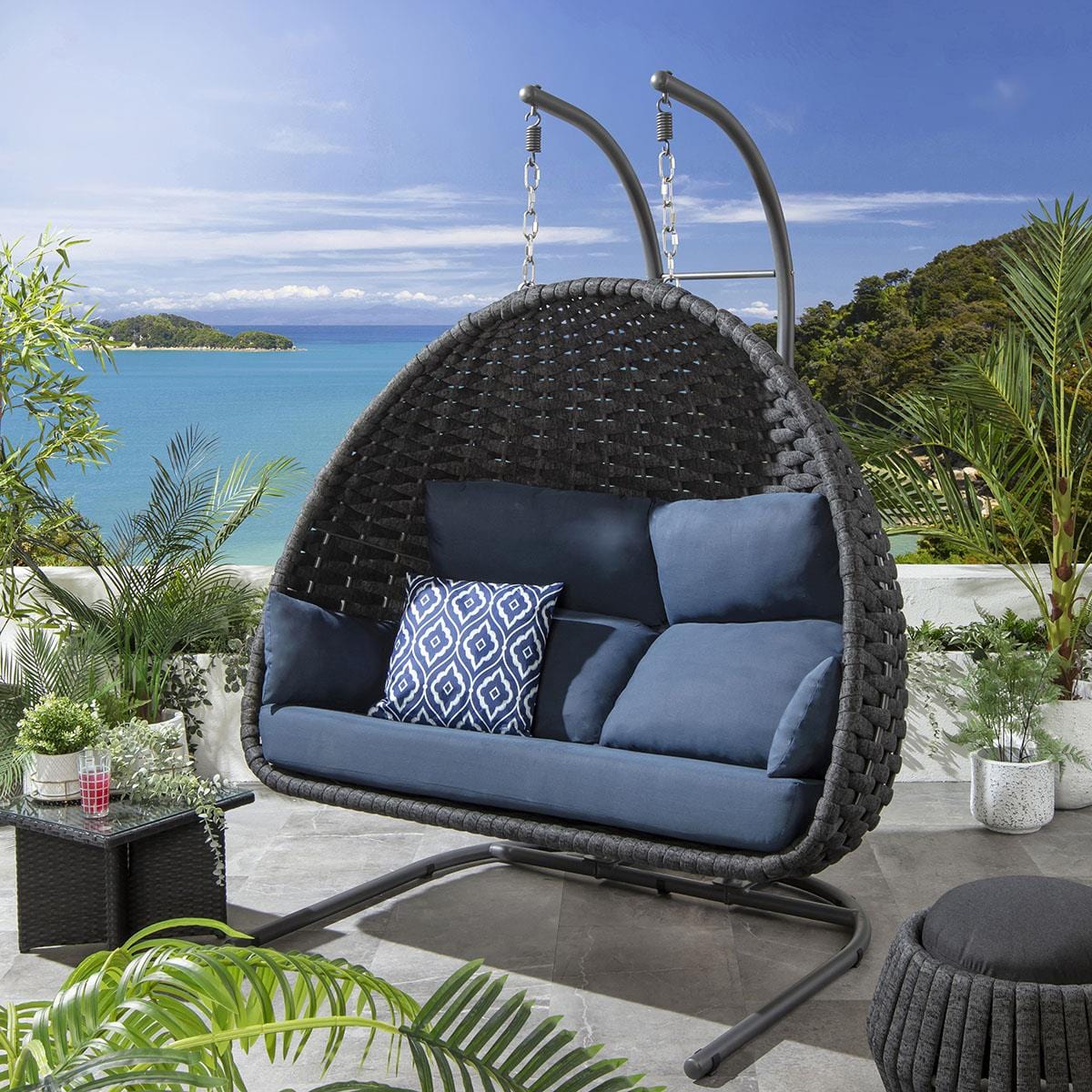 Quatropi Sundowner Double Hanging Egg Chair Charcoal & Blue