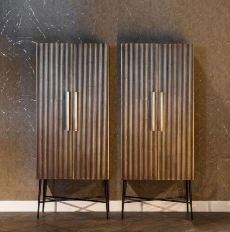 Quatropi Tall Contemporary Storage Cabinet With Doors - Gold With Black Marble Top - Ironville