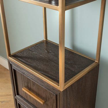 Quatropi Tall Modern Bookshelf Display Unit Cabinet Brown Oak Brass 200cm
