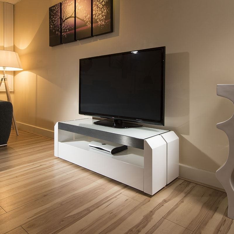 Quatropi TV Stand / Cabinet / Unit White Gloss / Glass Top, Alum 1.3mtr 701 New