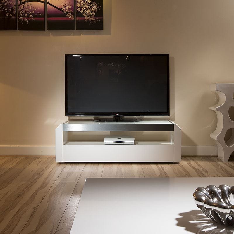 Quatropi TV Stand / Cabinet / Unit White Gloss / Glass Top, Alum 1.3mtr 701 New