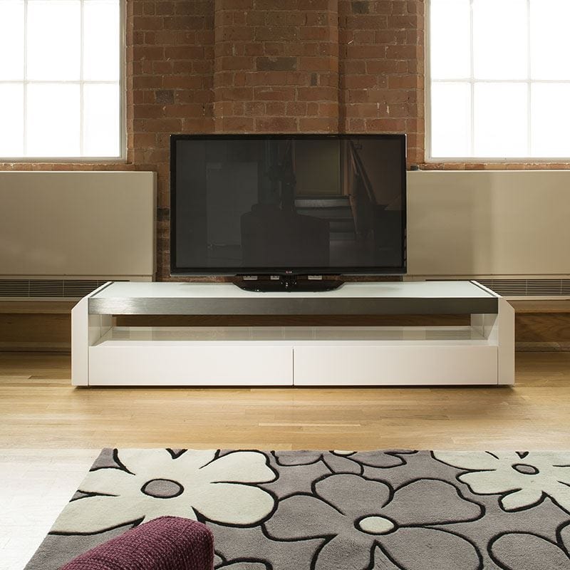Quatropi TV / Television Cabinet Unit White Gloss / Stainless with Glass Top