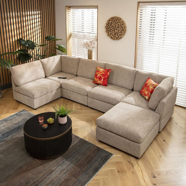 Quatropi U Shape Corner Sofa Footstool Chaise 6 Seat Sectional Sofa Beige Boucle