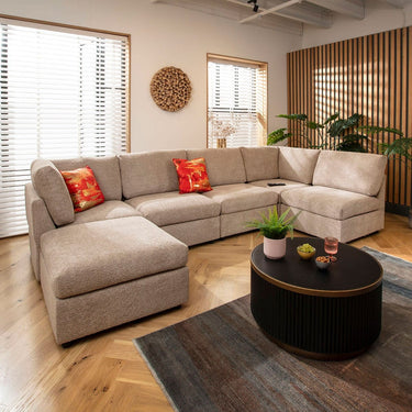 Quatropi U Shape Corner Sofa Footstool Chaise 6 Seat Sectional Sofa Beige Boucle