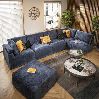 Quatropi U Shape Corner Sofa Footstool Chaise 6 Seater Sectional Sofa Blue