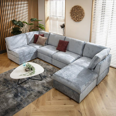 Quatropi U Shape Corner Sofa Footstool Chaise 6 Seater Sectional Sofa Blue