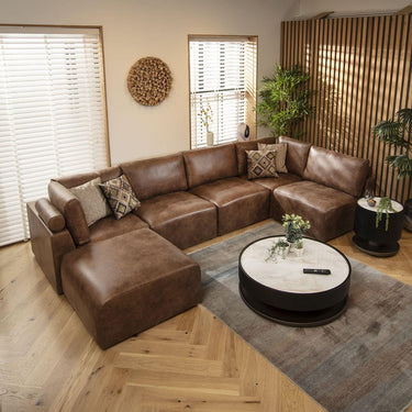 Quatropi U Shape Corner Sofa Footstool Chaise 6 Seater Sectional Sofa Brown