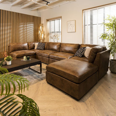 Quatropi U Shape Corner Sofa Footstool Chaise 6 Seater Sectional Sofa Brown 6R