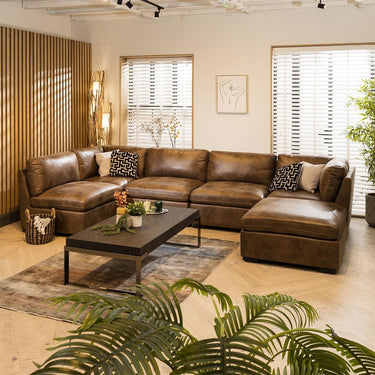 Quatropi U Shape Corner Sofa Footstool Chaise 6 Seater Sectional Sofa Brown 6R