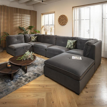 Quatropi U Shape Corner Sofa Footstool Chaise 6 Seater Sectional Sofa Grey Velvet