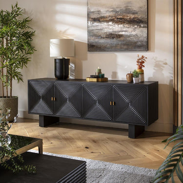 Quatropi Unique Mid Century Black Wood Sideboard Buffet Cabinet 3D Carved 180cm