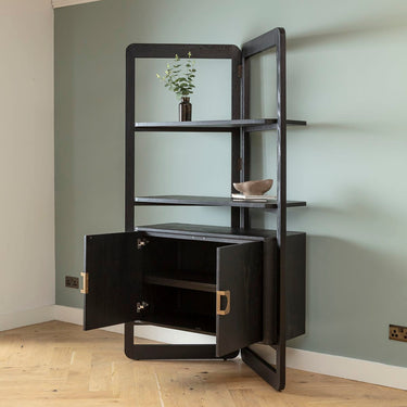 Quatropi Unique Tall Bookshelf Display Unit Cabinet Black Oak Brass 203cm