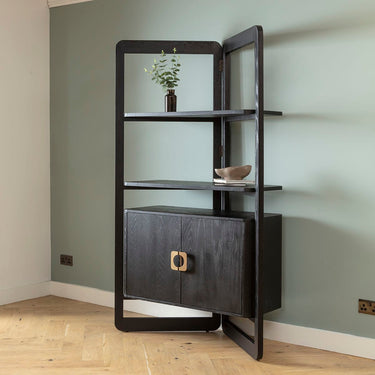 Quatropi Unique Tall Bookshelf Display Unit Cabinet Black Oak Brass 203cm