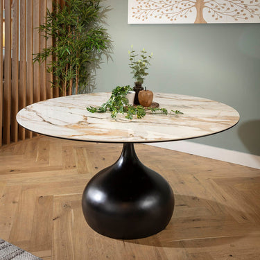 Quatropi Venusia 6 Seater Ceramic Marble Round Dining Table White Black 150cm