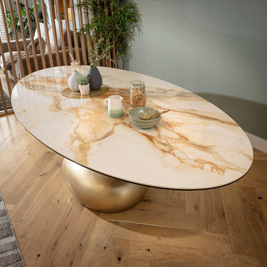 Quatropi Venusia 8 Seater Ceramic Marble Oval Dining Table White Gold 240x120cm