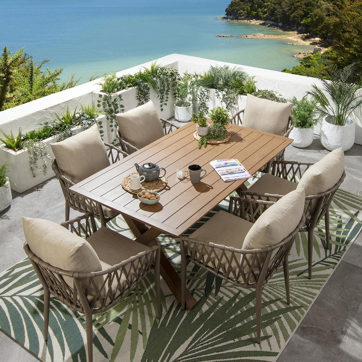 Quatropi Verity 6 Seater Garden Dining Set Beige & Oak Wood Effect Aluminium