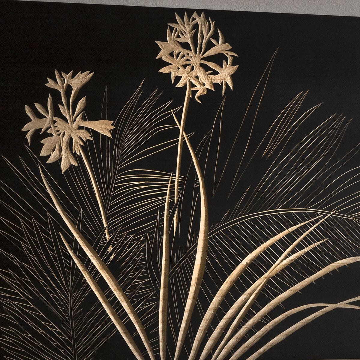 Quatropi Wall Artwork Hand Carved Paulownia Wood Black Flowers and Palm 900x600