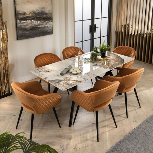 Lucy 6 Seater White Ceramic Marble Dining Set Orange SECONDS