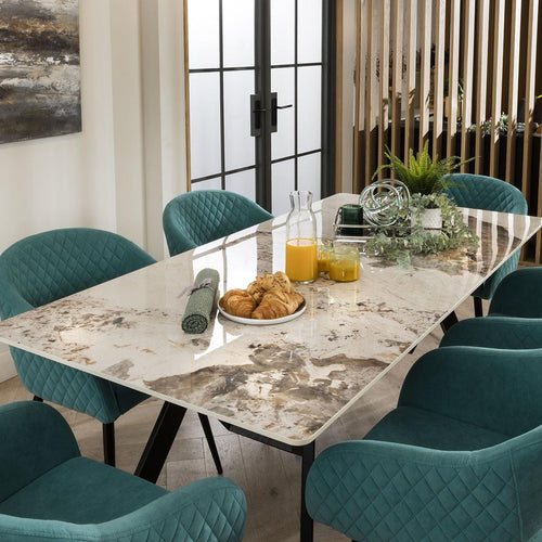 Lucy 6 Seater White Ceramic Marble Dining Set Teal SECONDS