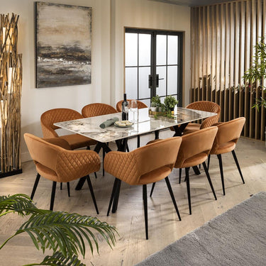 Quatropi White Ceramic Dining Table And 8 Chairs Orange Velvet Dining Set 180cm