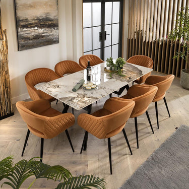 Quatropi White Ceramic Dining Table And 8 Chairs Orange Velvet Dining Set 180cm