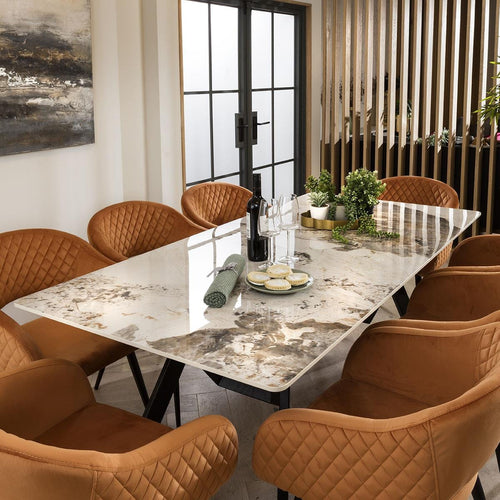 Lucy 8 Seater White Ceramic Marble Dining Set Orange SECONDS