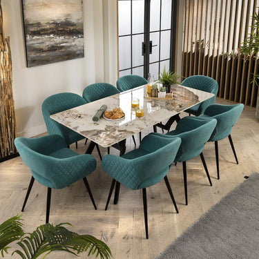 Quatropi White Ceramic Dining Table And 8 Chairs Teal Velvet Dining Set 180cm