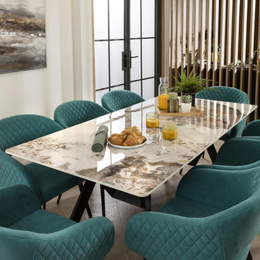 Quatropi White Ceramic Dining Table And 8 Chairs Teal Velvet Dining Set 180cm