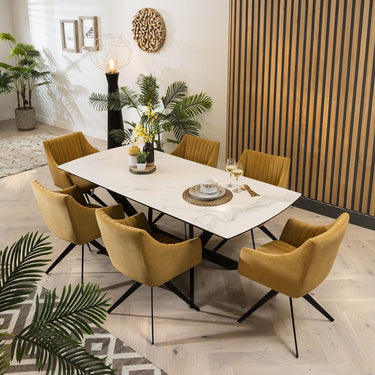 Quatropi White Ceramic Extend Table With 6 Gorgeous Yellow Swivel Chairs