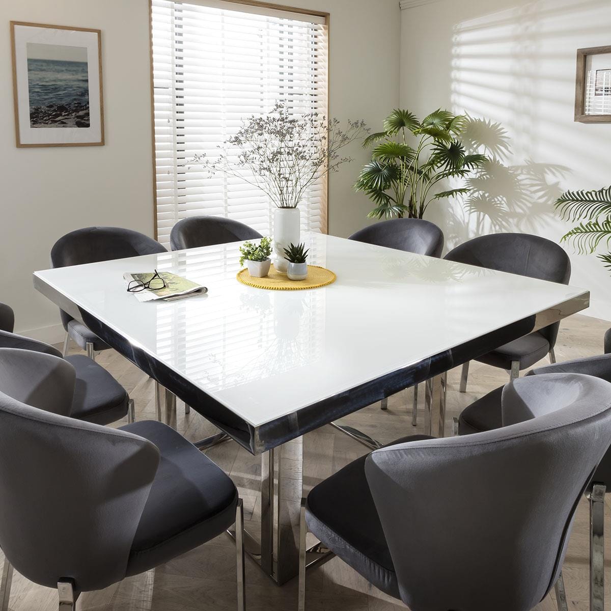 Quatropi White Glass Top Dining Table & Luxury Grey Velvet Chairs - 8 Seater Dining Set