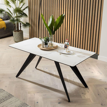 Quatropi White Marble-Look Ceramic Table & Mustard Chairs - 6 Seater Dining Set