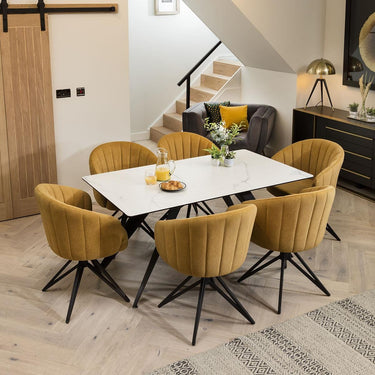 Quatropi White Marble-Look Ceramic Table & Mustard Chairs - 6 Seater Dining Set