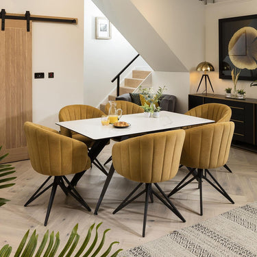 Quatropi White Marble-Look Ceramic Table & Mustard Chairs - 6 Seater Dining Set