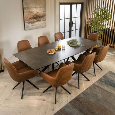 Quatropi Wide 8 Seat Extending Ceramic Dining Set Grey Tan Leather 160-240cm