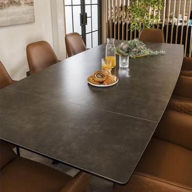 Quatropi Wide 8 Seat Extending Ceramic Dining Set Grey Tan Leather 160-240cm
