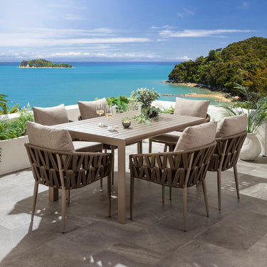 Quatropi Zig Zag & Atlas 6 Seater Extendable Outdoor Garden Dining Set Brown Rope & Beige Aluminium