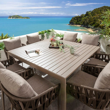 Quatropi Zig Zag & Atlas 8 Seater Extendable Outdoor Garden Dining Set Brown Rope & Beige Aluminium