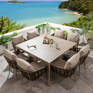 Quatropi Zig Zag & Atlas 8 Seater Extendable Outdoor Garden Dining Set Brown Rope & Beige Aluminium