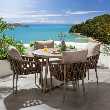 Quatropi Zig Zag & Sun 4 Seater Round Outdoor Garden Dining Set Brown Rope & Beige Aluminium