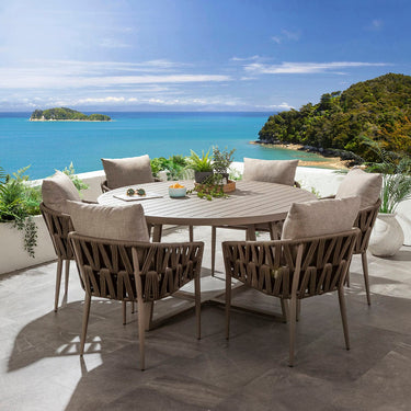 Quatropi Zig Zag & Sun 6 Seater Round Outdoor Garden Dining Set Brown Rope & Beige Aluminium