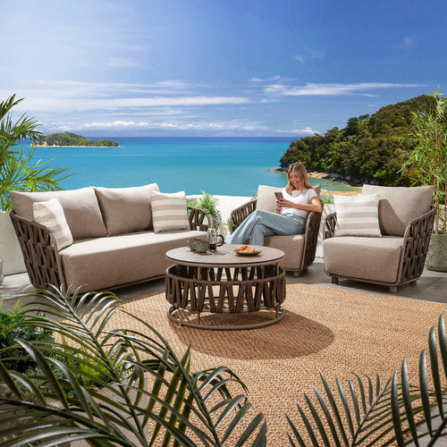 ZigZag 5 Seater Garden Sofa & Armchairs Set with Coffee Table Brown Rope