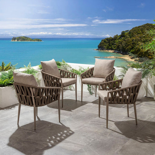 Set of 4 ZigZag Aluminium Outdoor Garden Dining Chairs Brown Rope